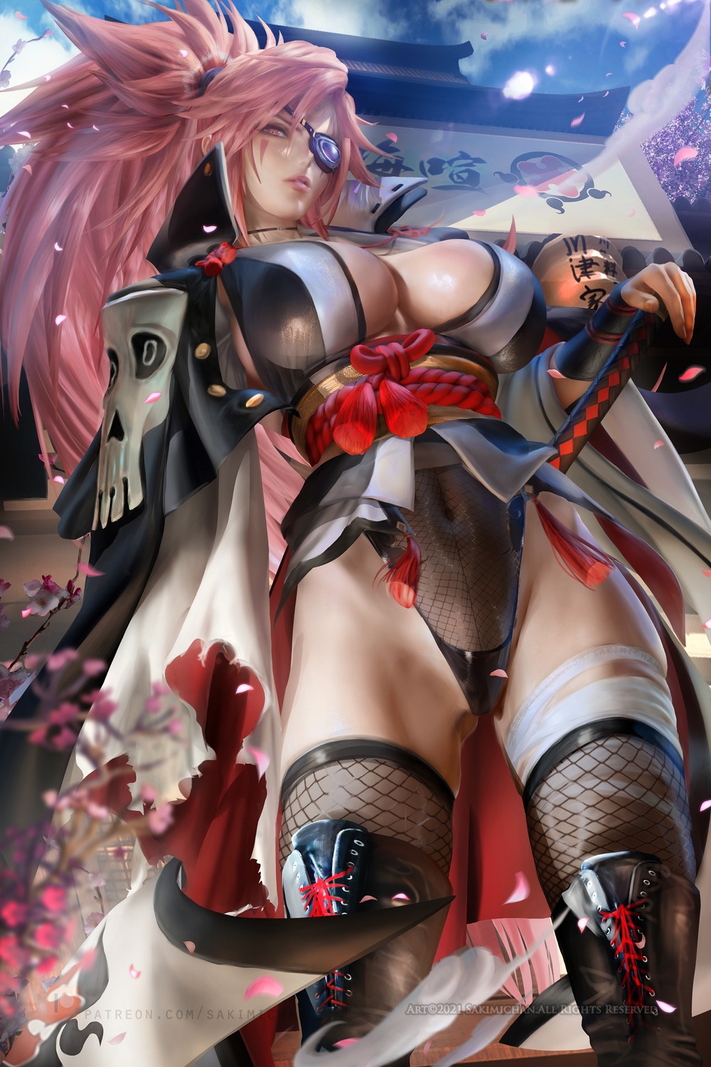 baiken eyepatch fishnets guilty_gear_strive no_bra sakimichan sword thighhighs