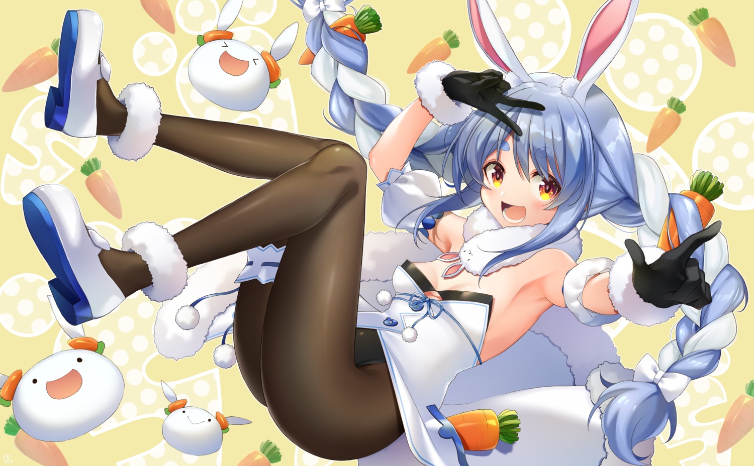 animal_ears bunny_ears bunny_girl cleavage heels hololive makinan no_bra pantyhose skirt_lift usada_pekora