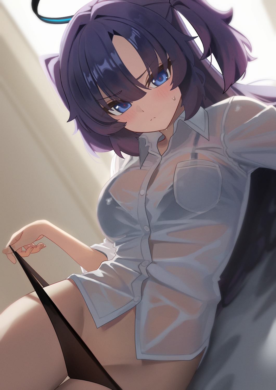 blue_archive bra dress_shirt halo hayase_yuuka mcbox pantsu panty_pull see_through undressing wet_clothes