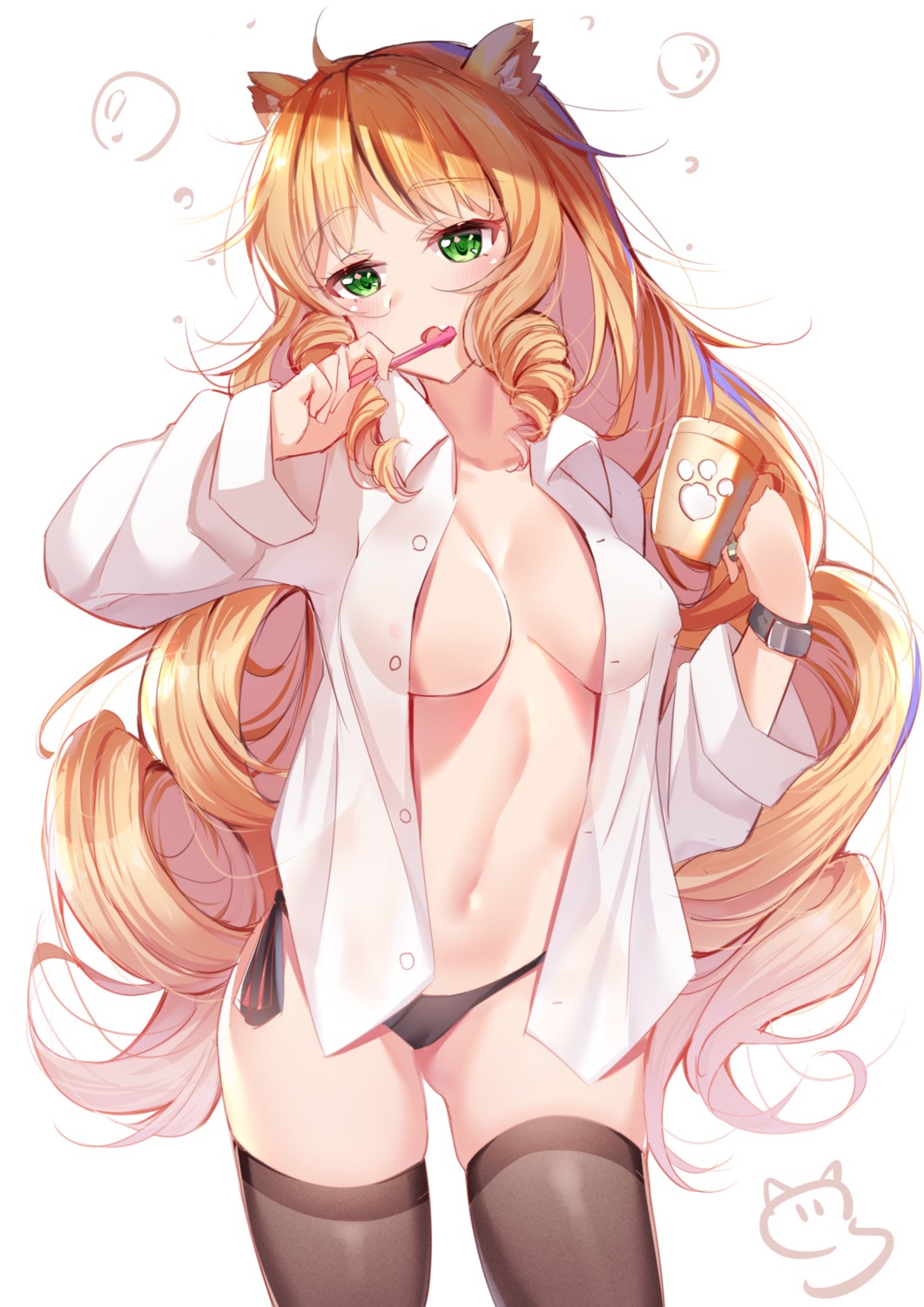 animal_ears arknights dress_shirt erect_nipples nahaki no_bra open_shirt pantsu string_panties swire_(arknights) thighhighs