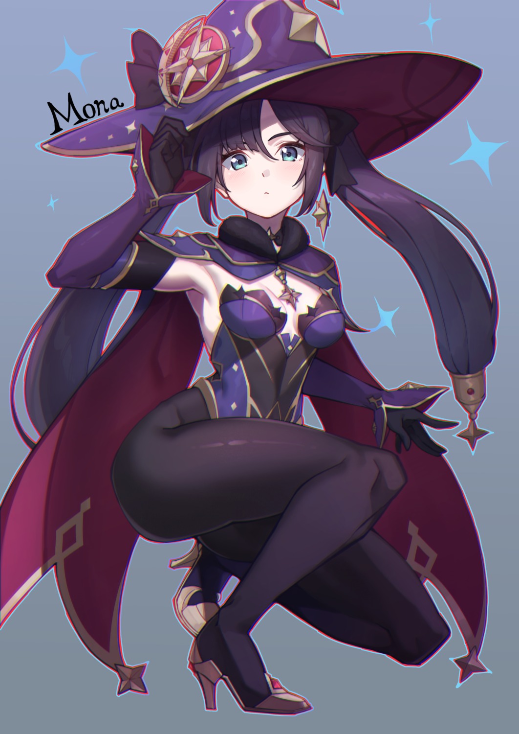 cleavage genshin_impact ginopi heels leotard mona_megistus no_bra pantyhose witch