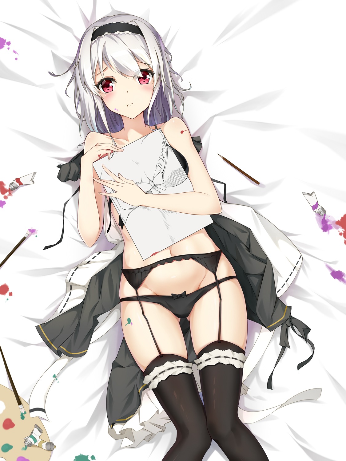 bra breast_hold garter_belt ms-06s open_shirt pantsu panty_pull stockings thighhighs wardrobe_malfunction