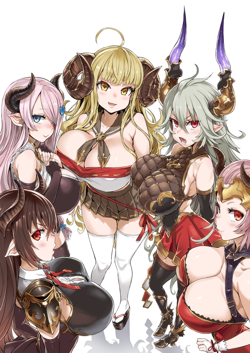 alicia_(granblue_fantasy) anira_(granblue_fantasy) armor asanagi cleavage fatalpulse forte_(shingeki_no_bahamut) granblue_fantasy heels horns japanese_clothes narumeia_(granblue_fantasy) no_bra pointy_ears thighhighs