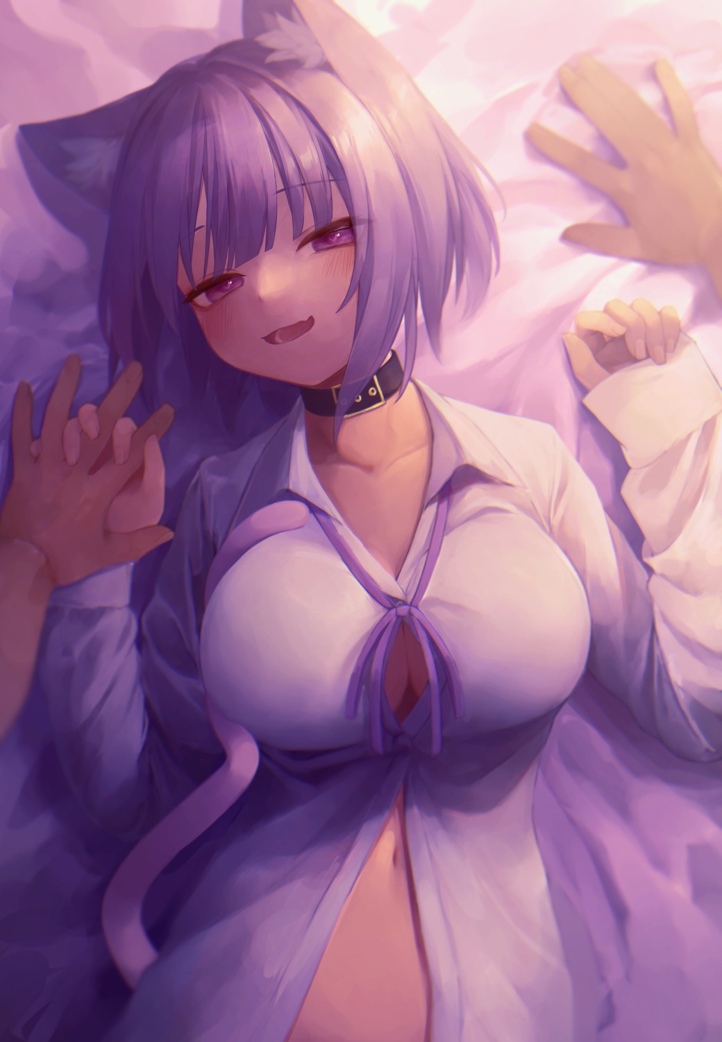 animal_ears dress_shirt hololive hololive_gamers nanome_to nekomata_okayu nekomimi no_bra open_shirt see_through tail