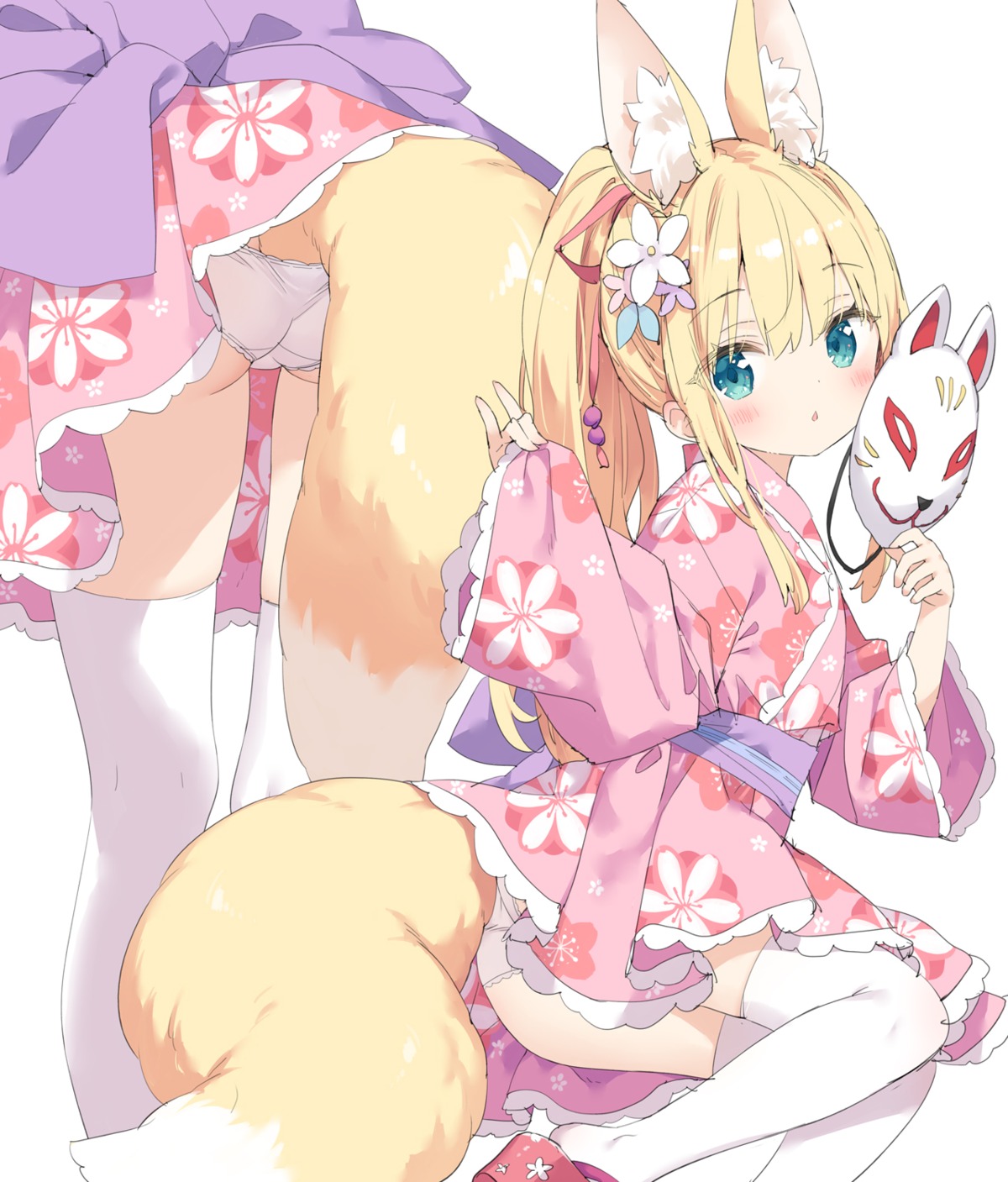 animal_ears kani_biimu kitsune loli lolita_fashion pantsu panty_pull shimotsuki_potofu skirt_lift tail thighhighs wa_lolita