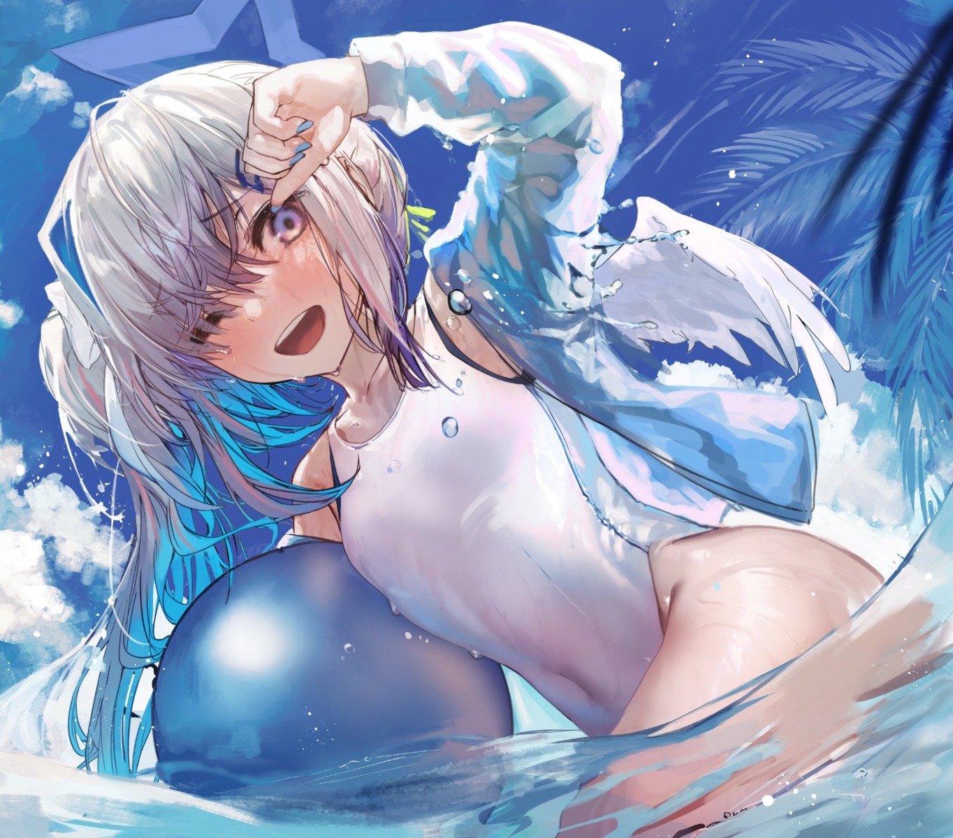 akieda amane_kanata hololive see_through swimsuits wet wet_clothes wings