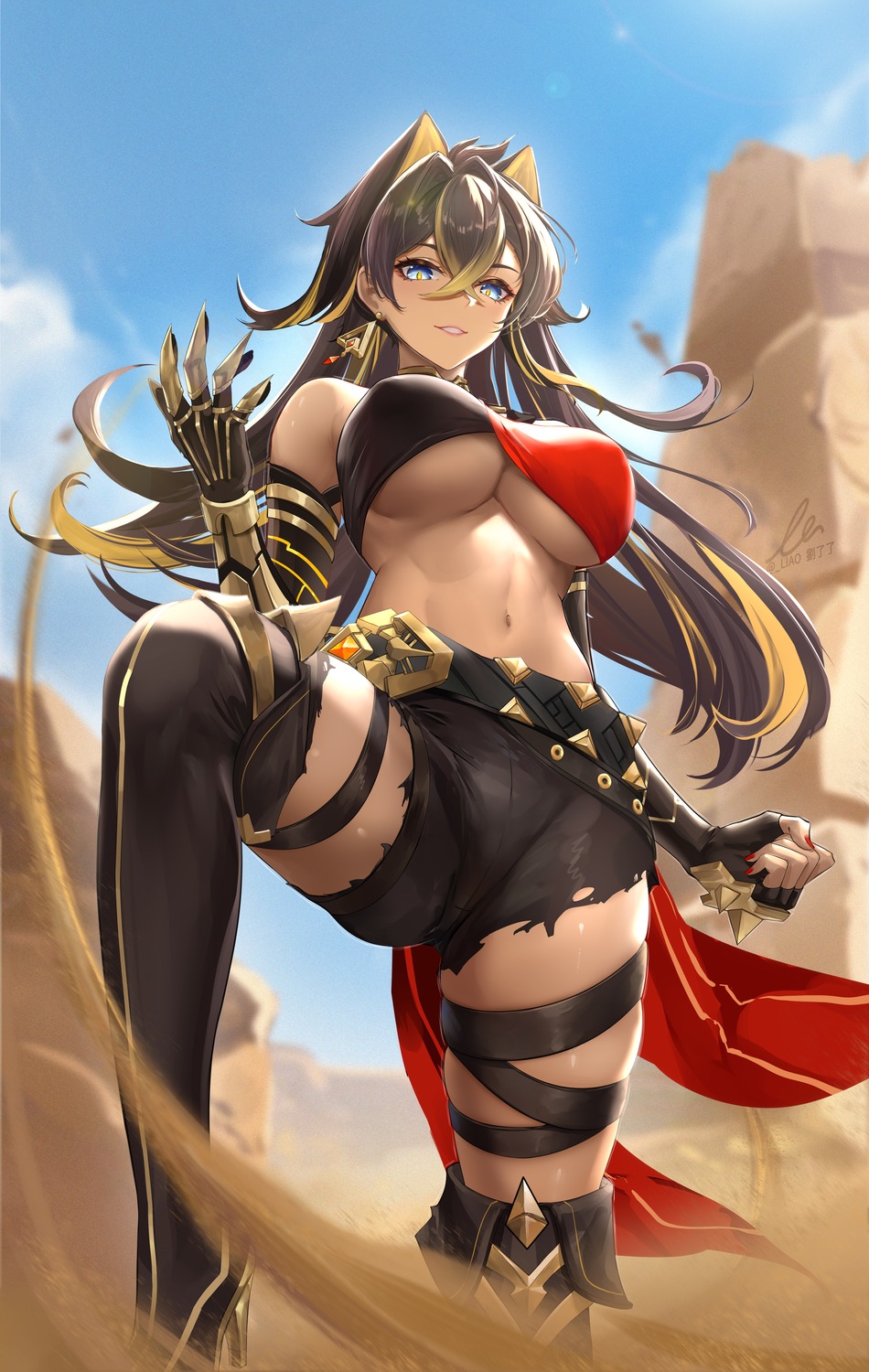 armor dehya erect_nipples garter genshin_impact heels liu_liaoliao no_bra thighhighs torn_clothes