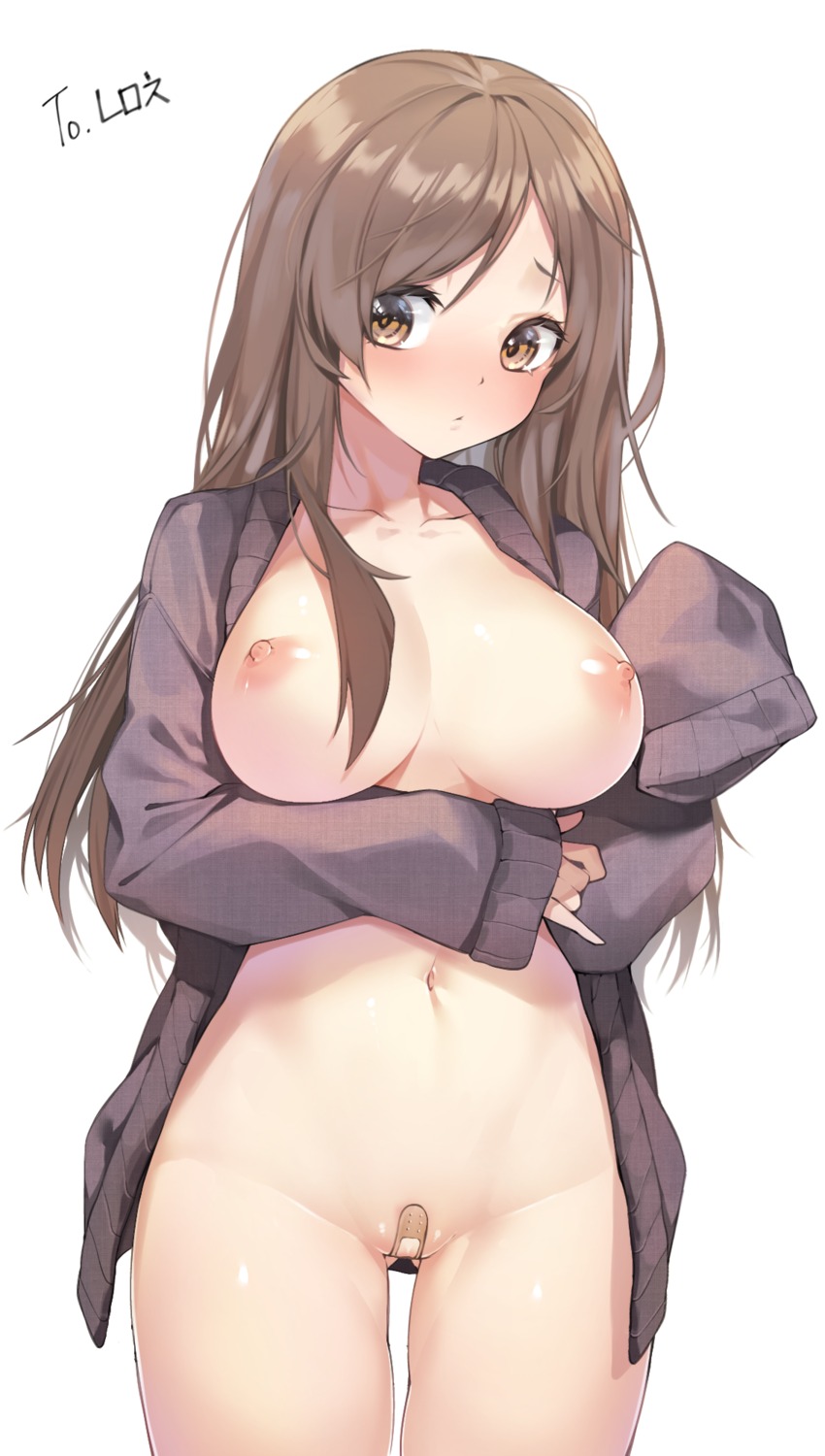 bandaid bottomless breasts chukibabo2 maebari nipples no_bra open_shirt sweater