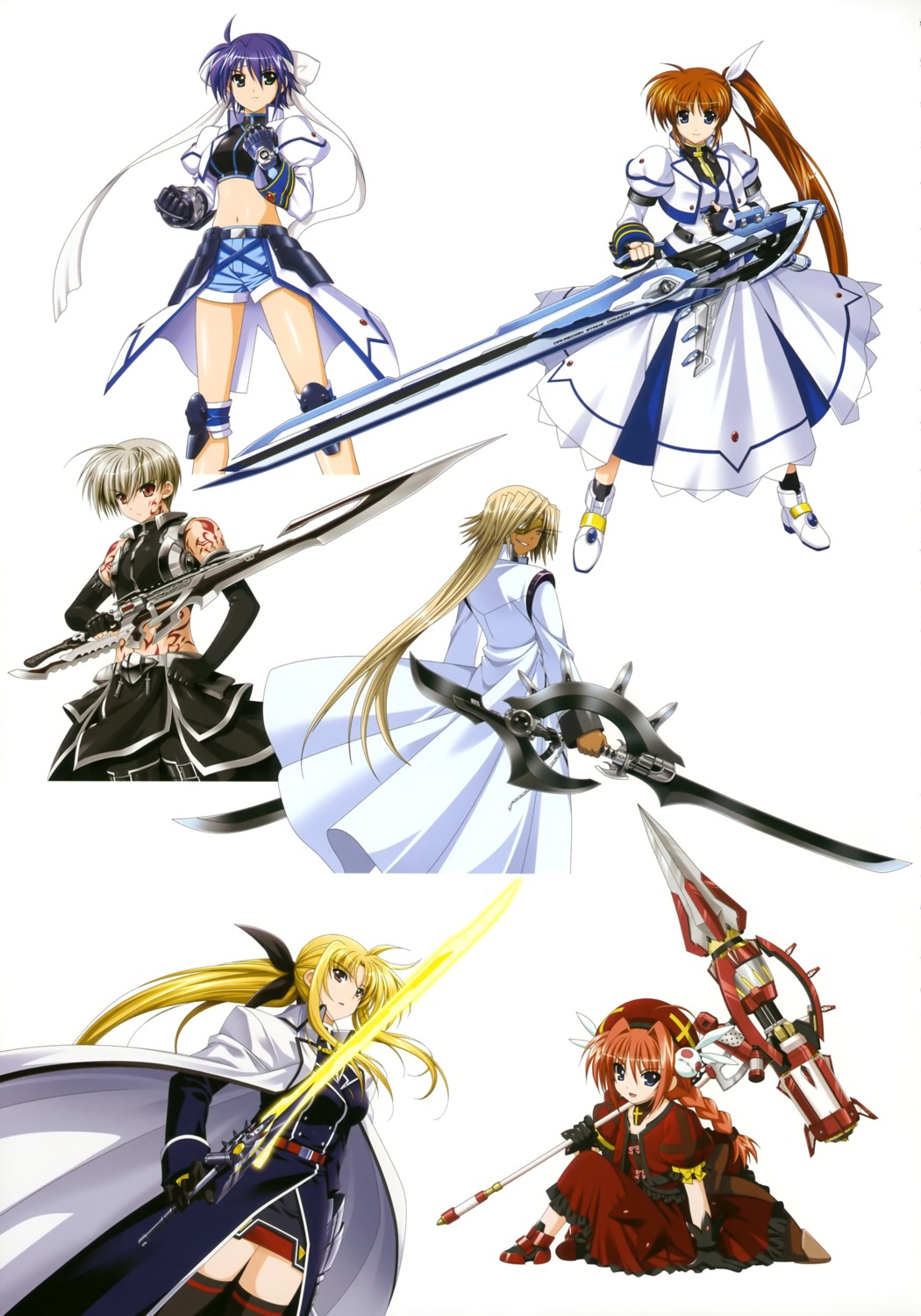 armor cypha_of_huckebein dress eyepatch fate_testarossa gothic_lolita higa_yukari lolita_fashion mahou_senki_lyrical_nanoha_force mahou_shoujo_lyrical_nanoha subaru_nakajima sword takamachi_nanoha thighhighs tohma_avenir uniform vita weapon