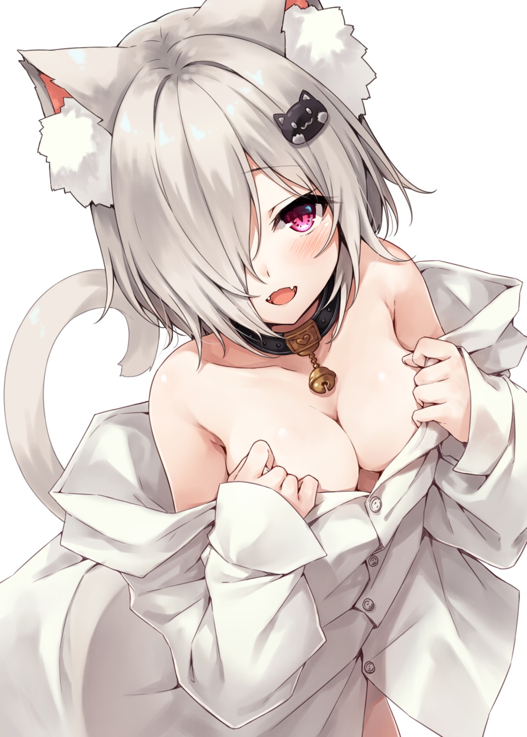 animal_ears breast_hold dress_shirt hasumi_(hasubatake39) nekomimi no_bra open_shirt see_through tail undressing