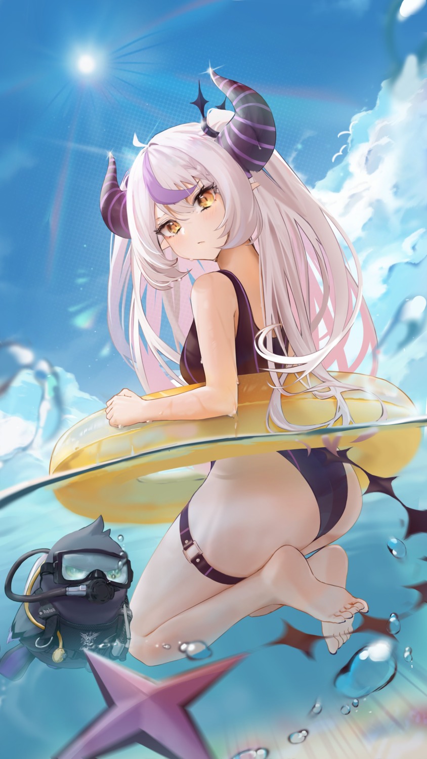 ass crow_(la+_darknesss) feet garter hololive horns jpeg_artifacts la+_darknesss pointy_ears swimsuits tail wanne wet