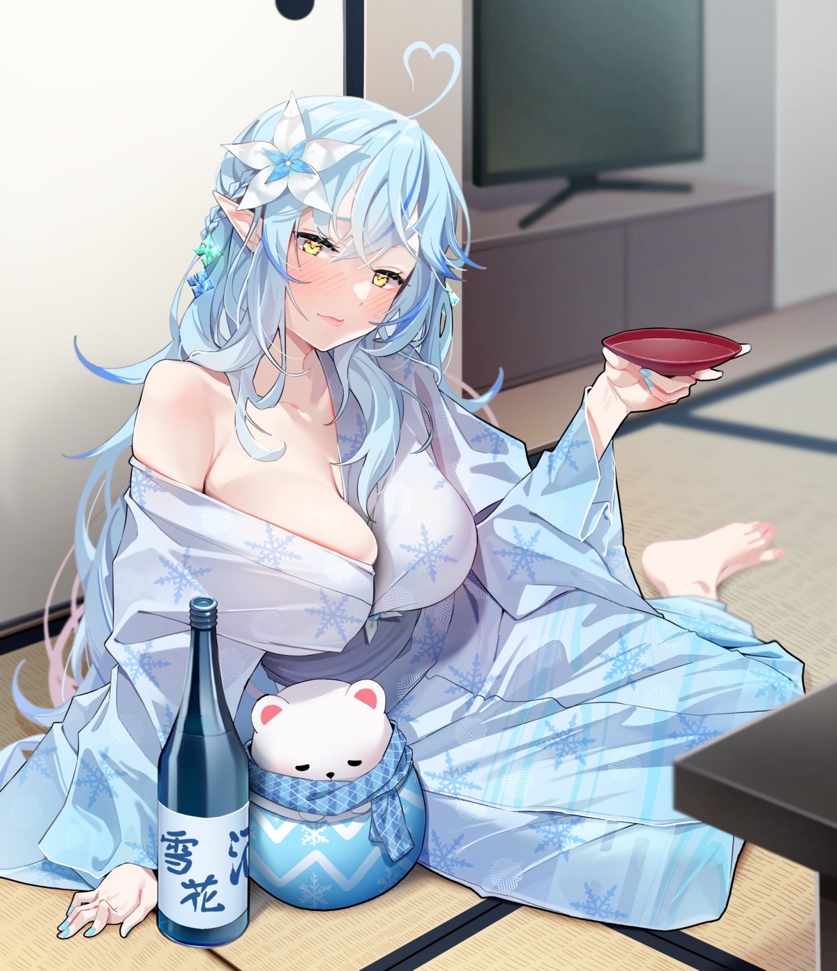 agnam_ore elf hololive no_bra open_shirt pointy_ears sake yukata yukihana_lamy