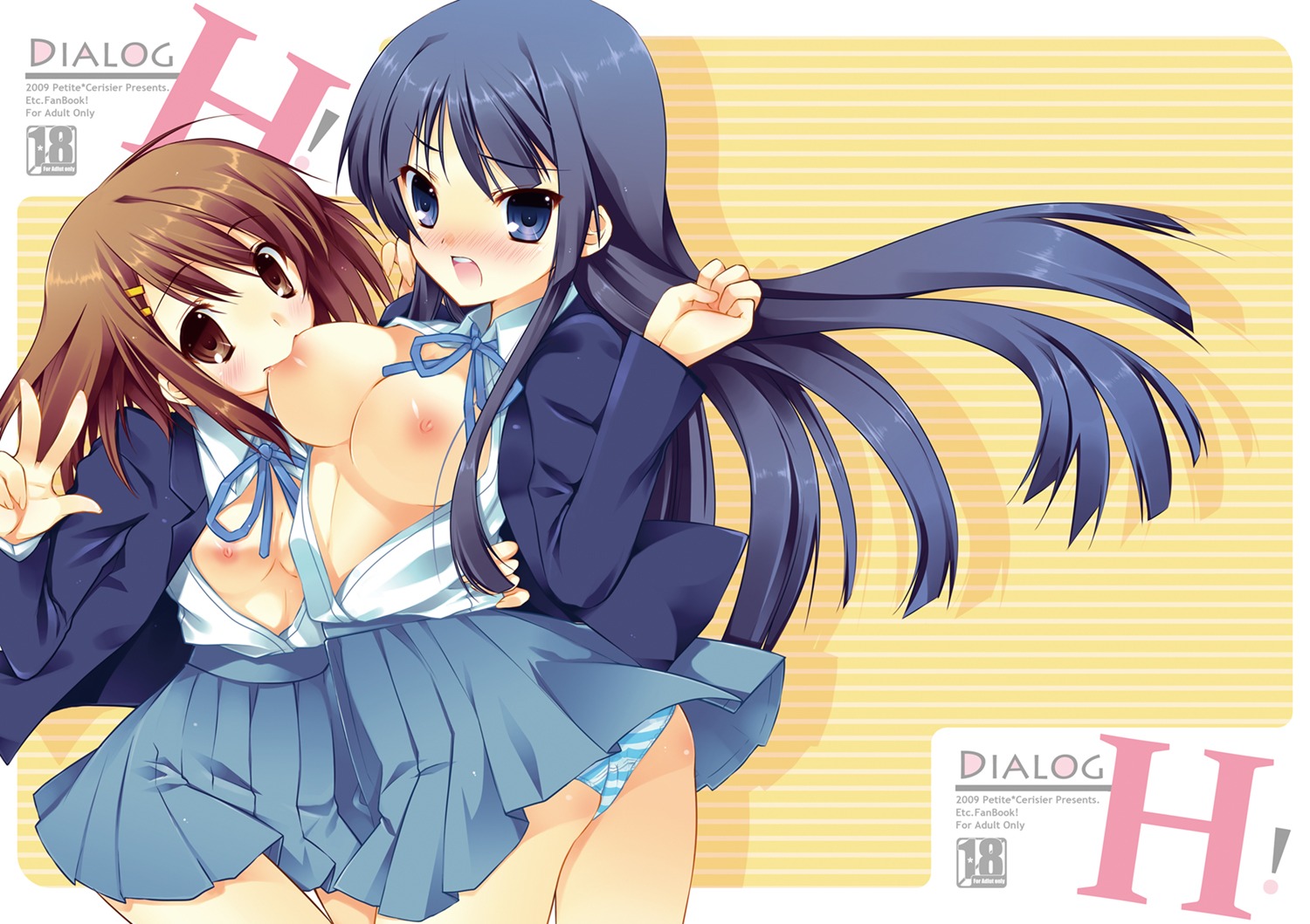 akiyama_mio breasts hirasawa_yui k-on! loli nipples open_shirt pantsu sakura_hanpen seifuku shimapan yuri