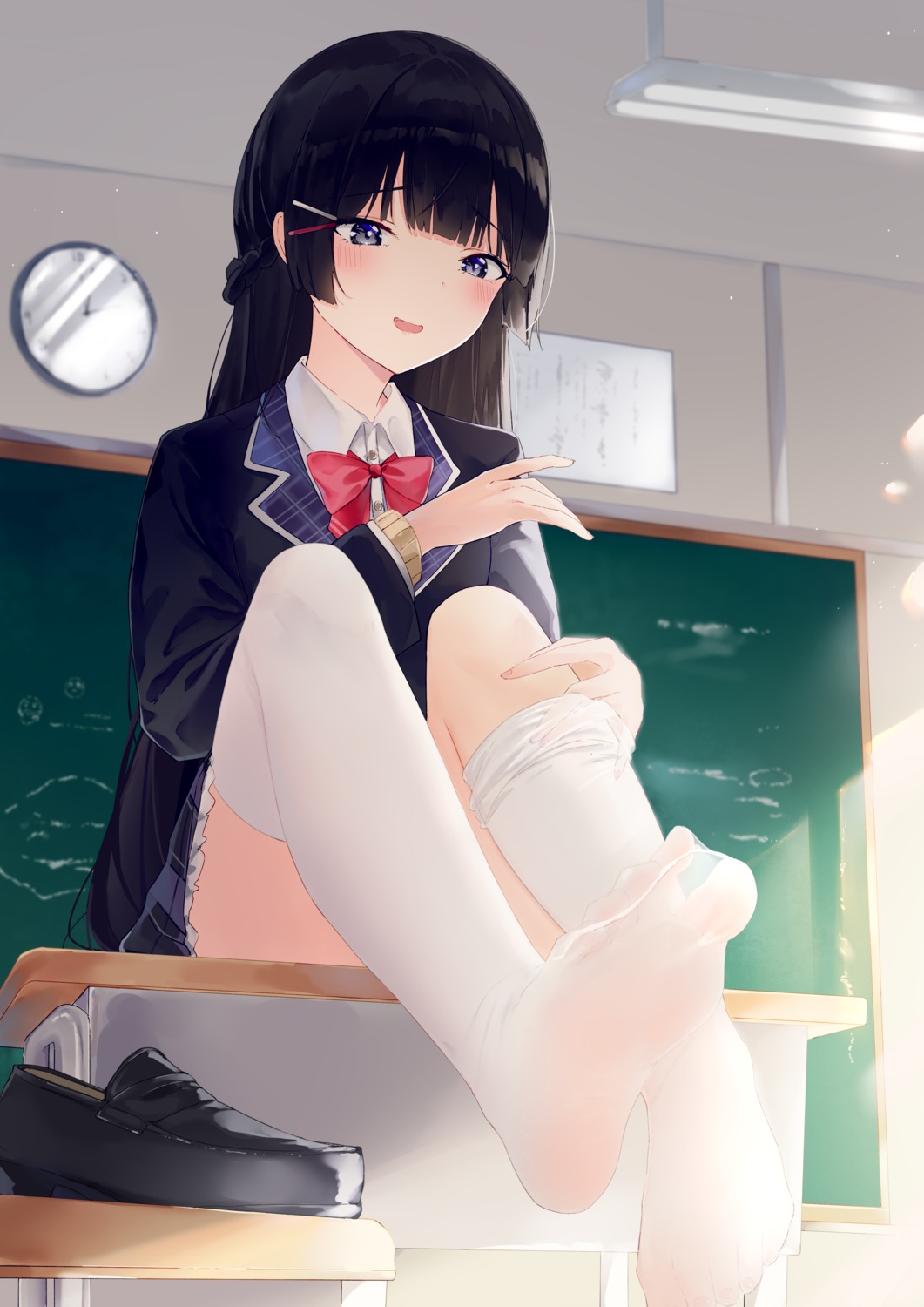 feet kou_futoshi nijisanji seifuku sweater thighhighs tsukino_mito undressing