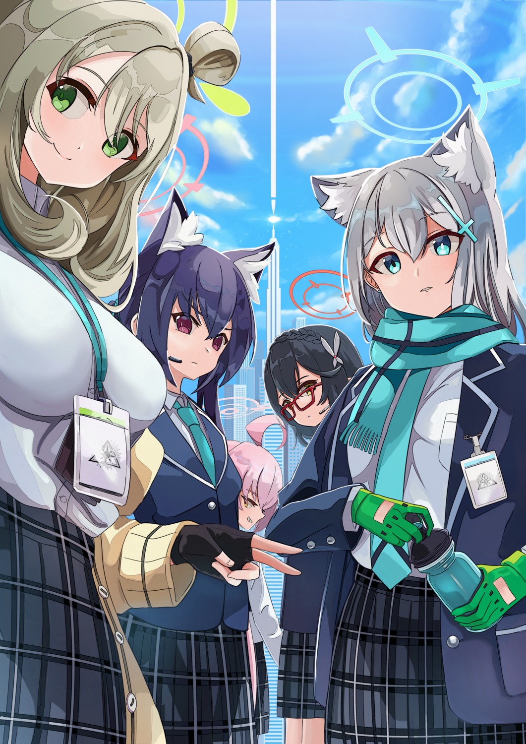 animal_ears blue_archive halo izayoi_nonomi kuromi_serika manjirou_(manji_illust) megane nekomimi okusora_ayane seifuku sunaookami_shiroko sweater takanashi_hoshino