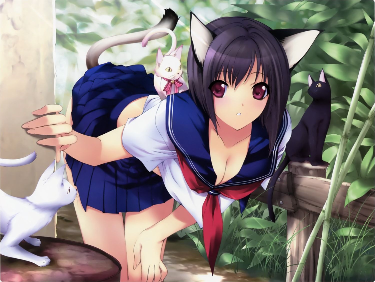 animal_ears cleavage iizuki_tasuku neko nekomimi seifuku tail