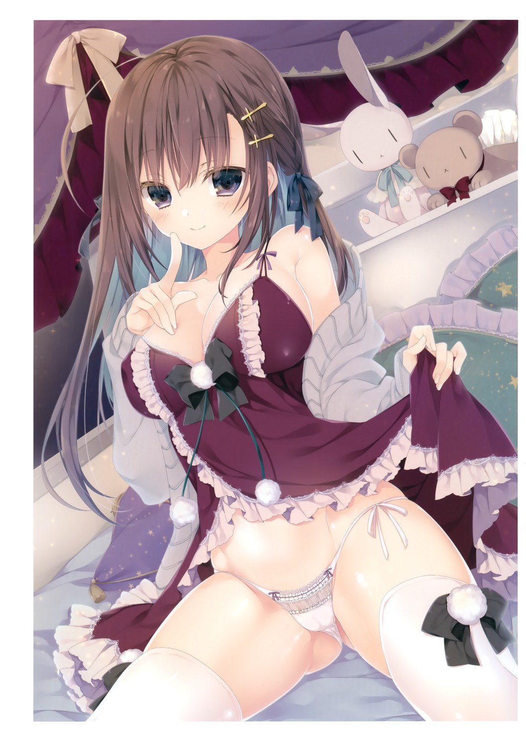 cameltoe cleavage erect_nipples inugami_kira lingerie open_shirt pantsu skirt_lift string_panties sweater thighhighs