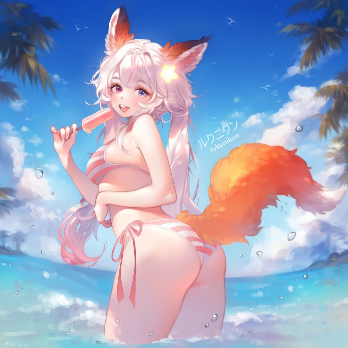 animal_ears bikini heterochromia kitsune rukunikun swimsuits tail wet