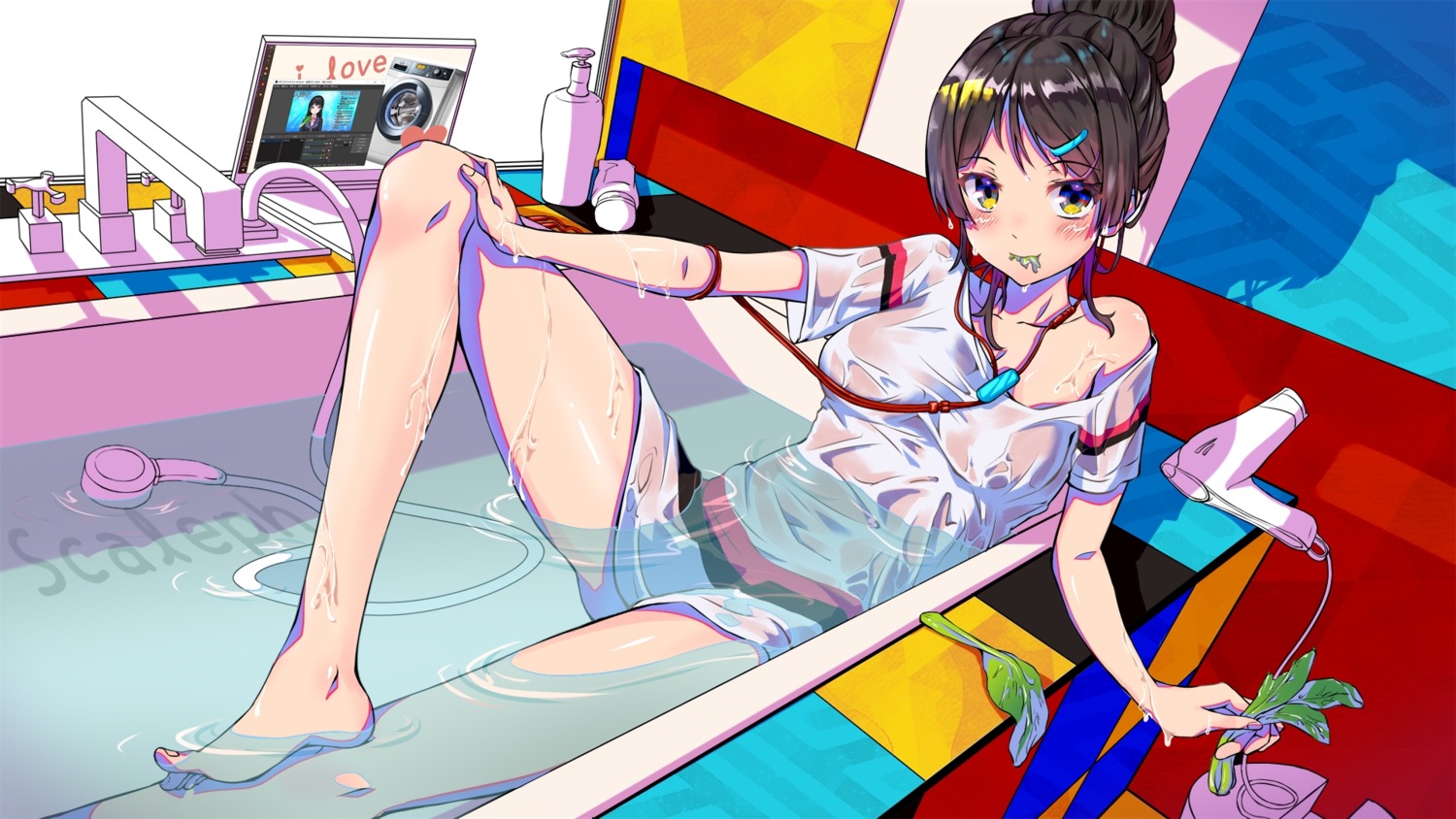 bathing nijisanji no_bra scaleph see_through tsukino_mito wallpaper wet wet_clothes