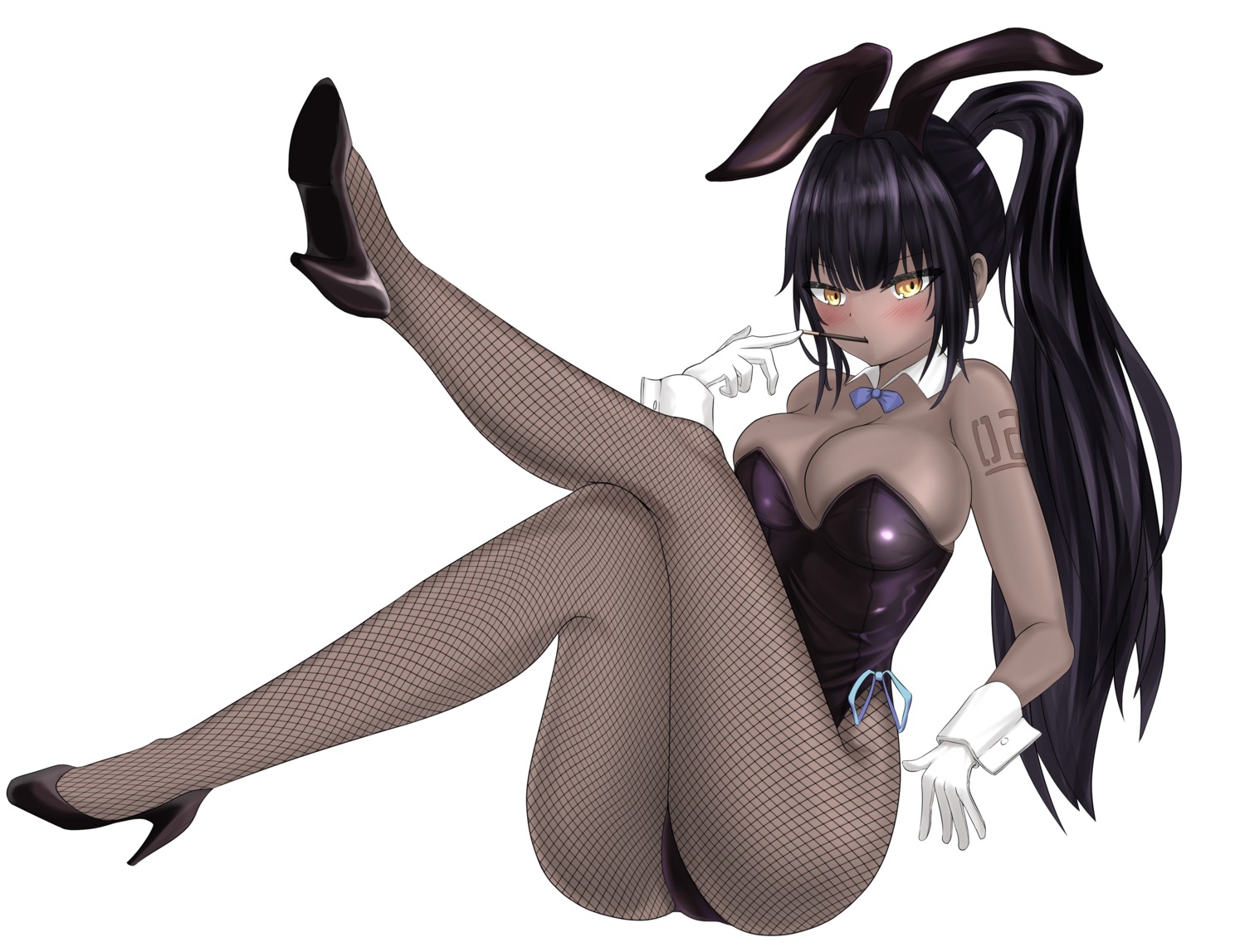 animal_ears blue_archive bunny_ears bunny_girl fishnets heels kakudate_karin no_bra pantyhose roriki tattoo