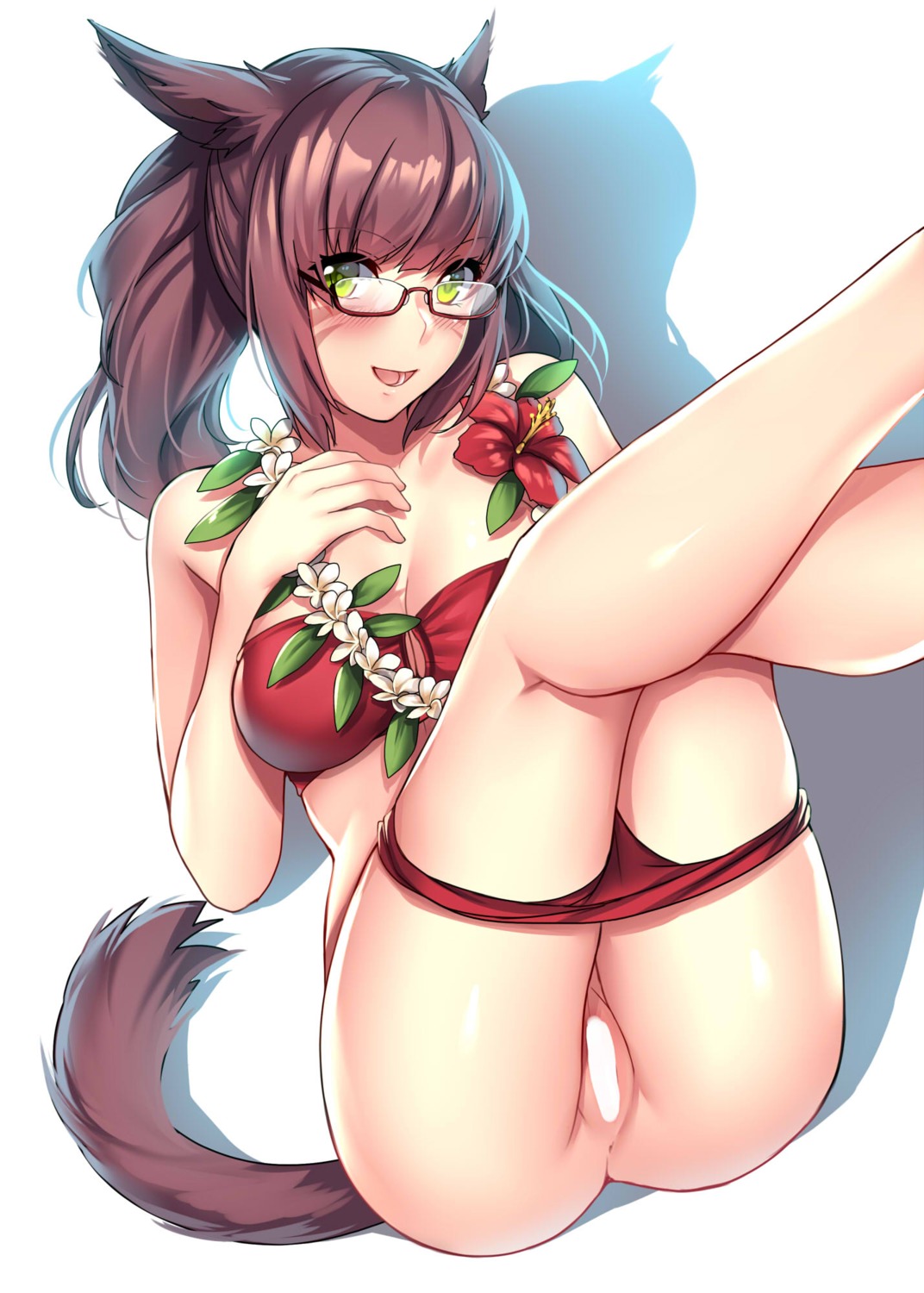 animal_ears anus aruma_jiki bikini censored cleavage final_fantasy final_fantasy_xiv megane miqo'te nekomimi panty_pull pussy swimsuits tail