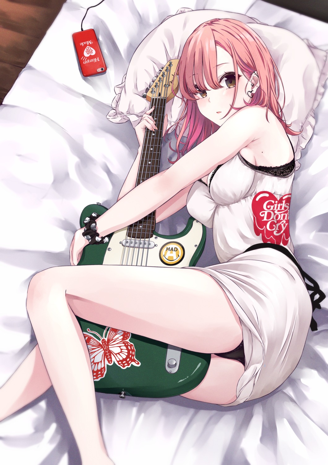 bra breast_hold cleavage dress guitar osabe_tom pantsu skirt_lift