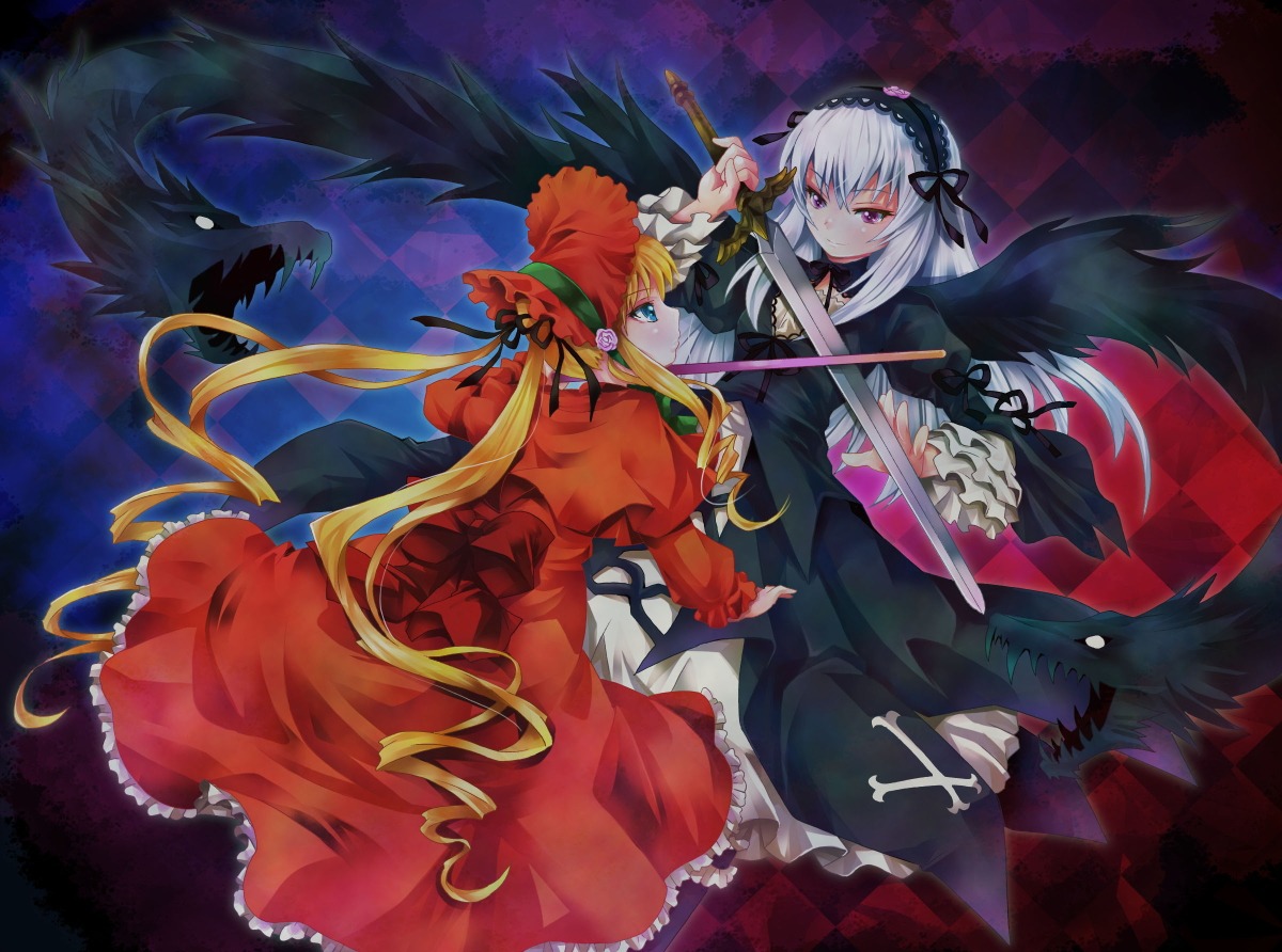 lolita_fashion michii_yuuki rozen_maiden shinku suigintou sword wallpaper wings