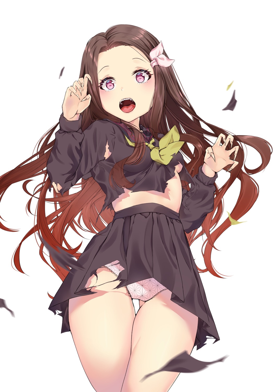 kamado_nezuko kimetsu_no_yaiba mirei-yume no_bra pantsu seifuku torn_clothes wardrobe_malfunction