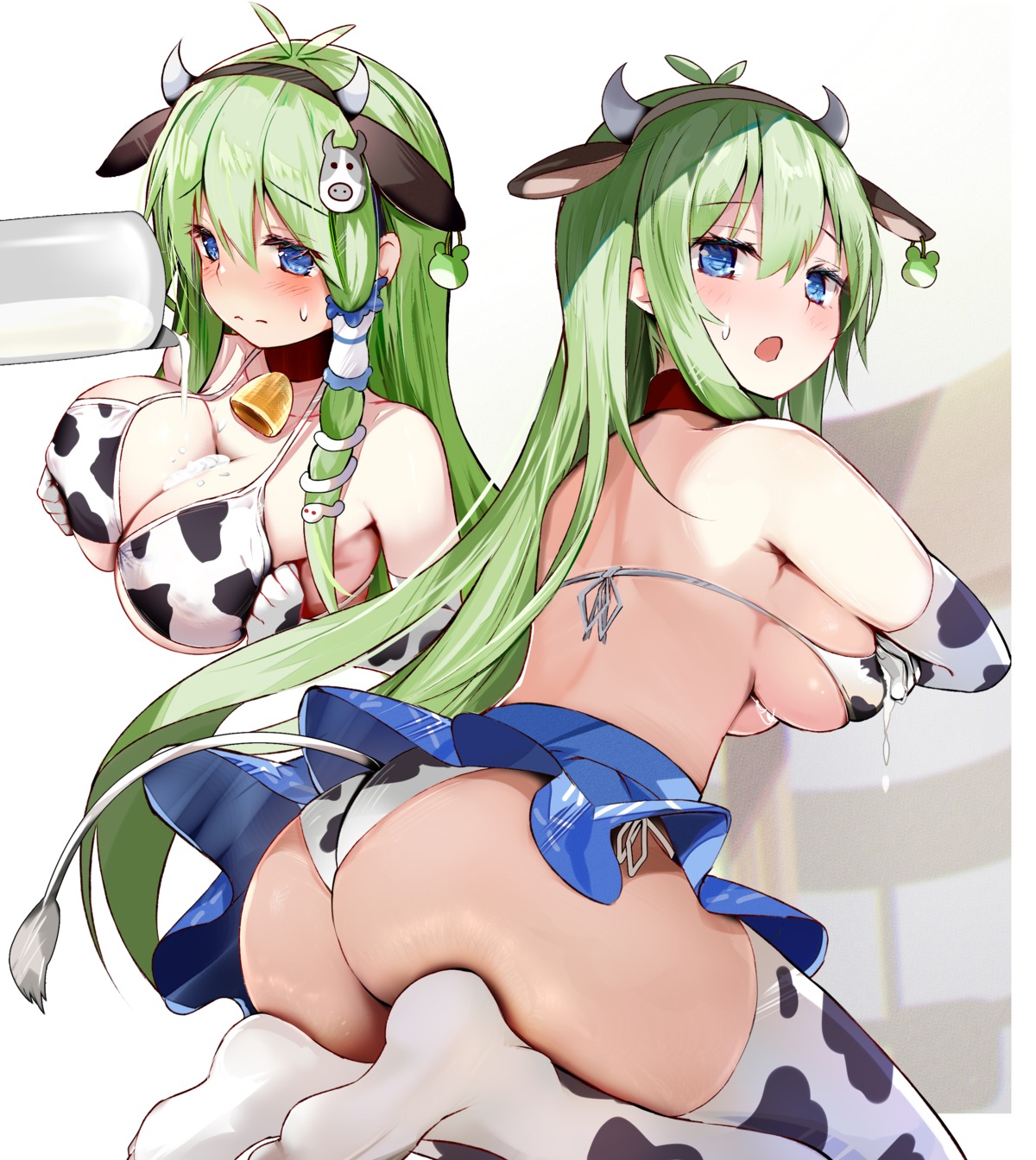 animal_ears ass bikini breast_hold efe horns kochiya_sanae skirt_lift swimsuits tail thighhighs thong touhou