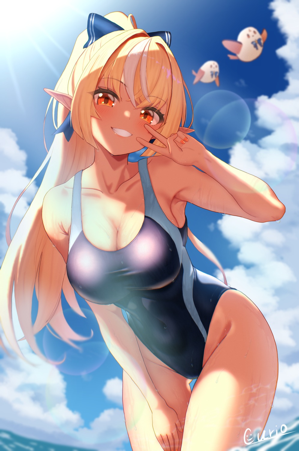 curio_(curiofinity) elf hololive pointy_ears shiranui_flare swimsuits wet