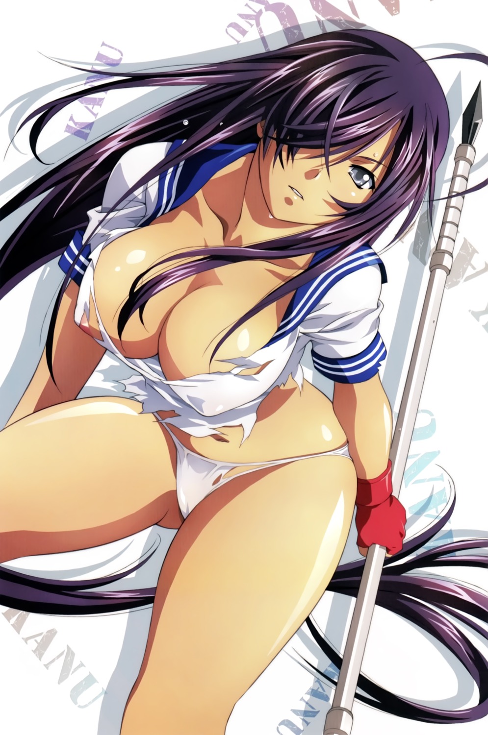 areola breasts cameltoe erect_nipples ikkitousen kanu_unchou no_bra pantsu screening seifuku torn_clothes weapon