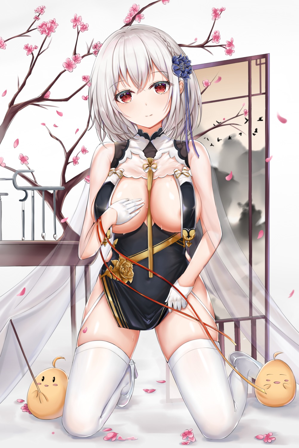 areola asian_clothes azur_lane breast_hold heels kudakechiru_kajou manjuu_(azur_lane) no_bra see_through sirius_(azur_lane) stockings thighhighs