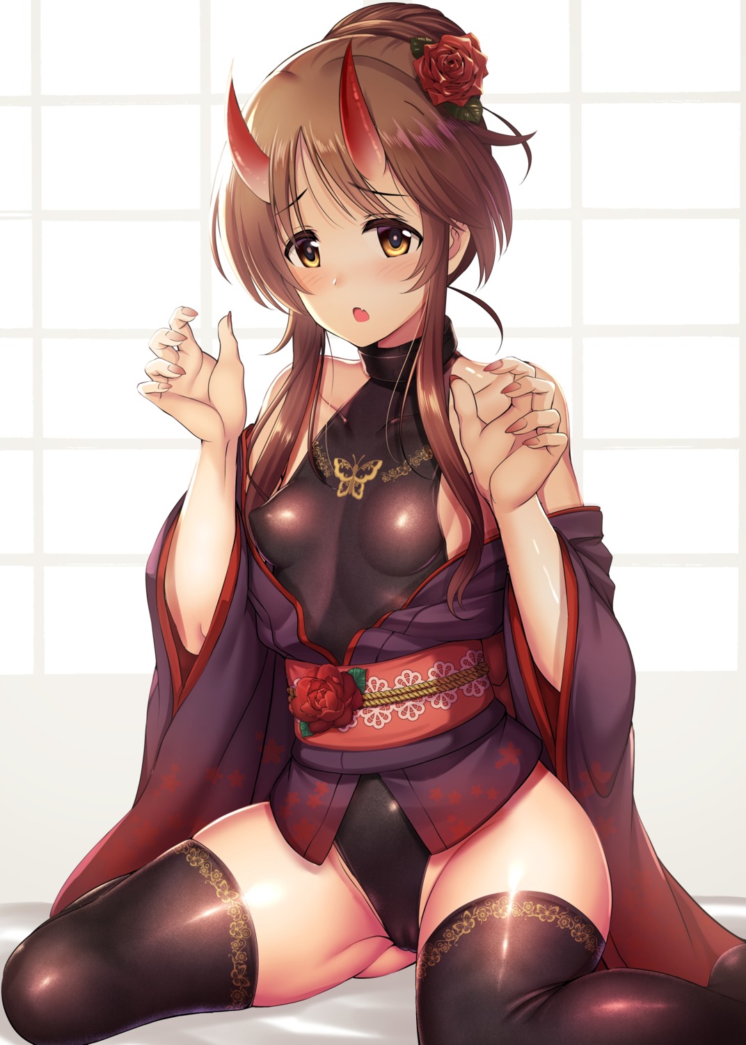 cameltoe erect_nipples horns japanese_clothes leotard ment no_bra thighhighs