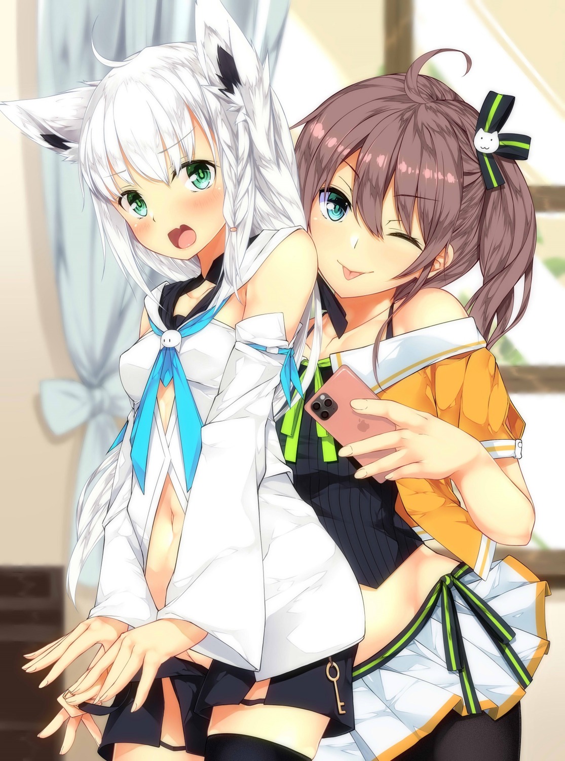 animal_ears hololive hololive_gamers kitsune natsuiro_matsuri pantyhose shirakami_fubuki thighhighs tries_toriaezu undressing yuri