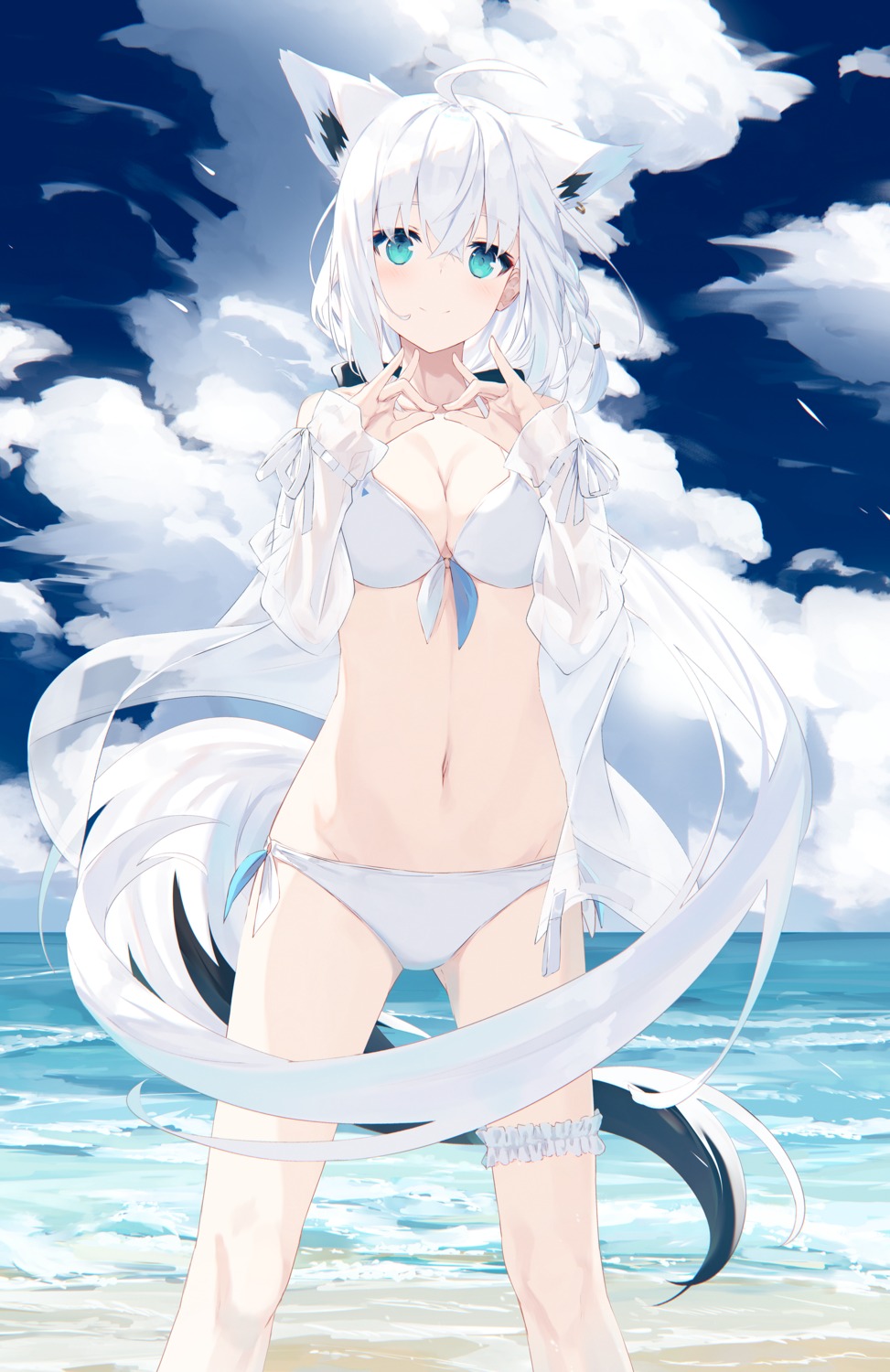 animal_ears bikini cleavage garter hololive hololive_gamers kitsune nagishiro_mito open_shirt see_through shirakami_fubuki swimsuits tail