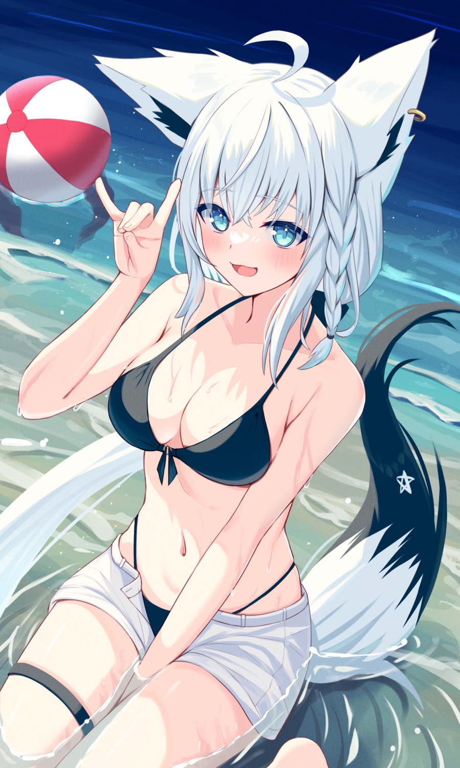 animal_ears bikini garter hololive hololive_gamers kitsune shirakami_fubuki swimsuits tail togemaru wet