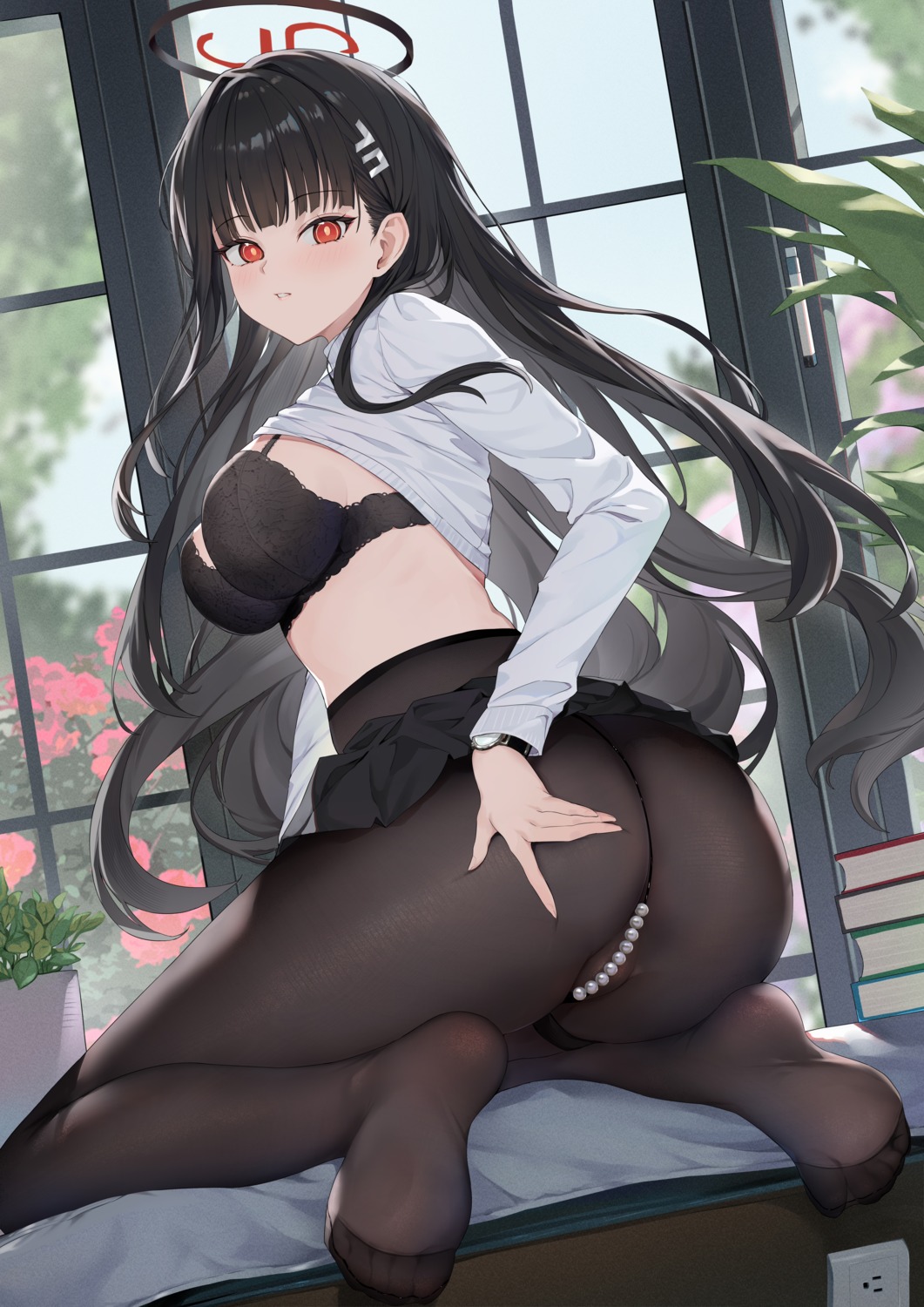 anus ass blue_archive bra feet garter halo kizuna pantsu pantyhose see_through shirt_lift skirt_lift sweater thong tsukatsuki_rio