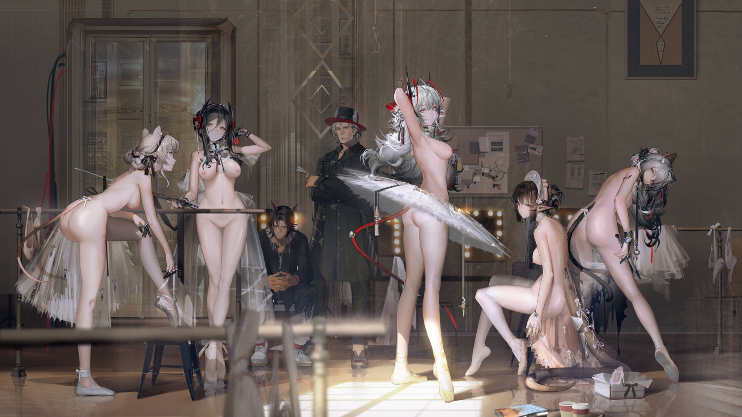 animal_ears arknights ass eunectes_(arknights) hellagur_(arknights) horns ines_(arknights) jpeg_artifacts liang_xun_(arknights) liduke lin_yuhsia_(arknights) naked nekomimi nipples nopan photoshop pointy_ears pussy schwarz_(arknights) see_through skirt_lift tail topless uncensored w_(arknights) weapon