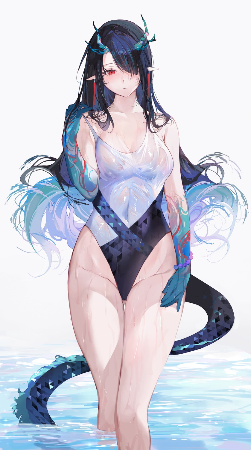 arknights dusk_(arknights) horns pointy_ears qiandaiyiyu see_through swimsuits tail wet wet_clothes