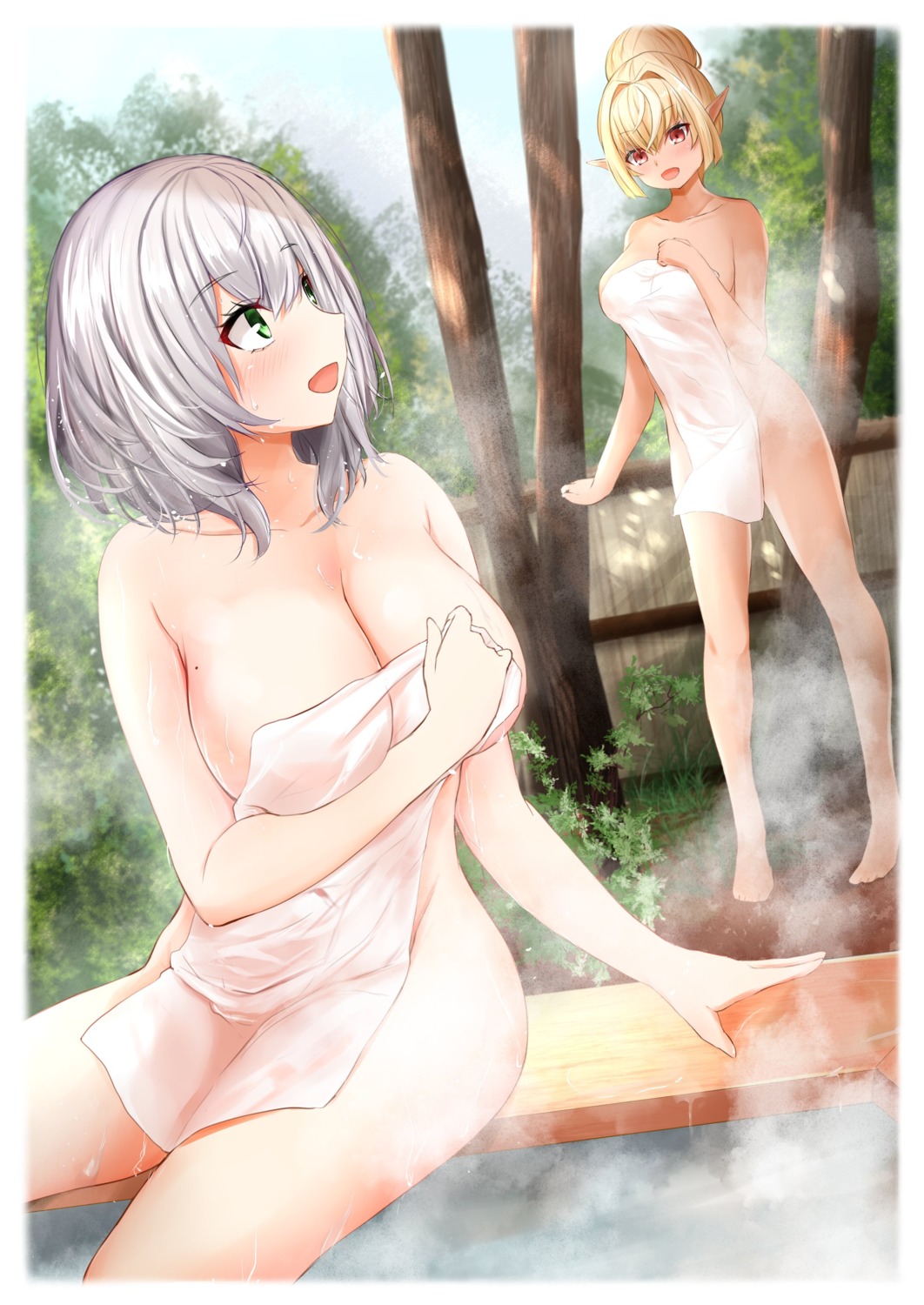 breast_hold elf ex_idol hololive naked onsen pointy_ears shiranui_flare shirogane_noel towel wet