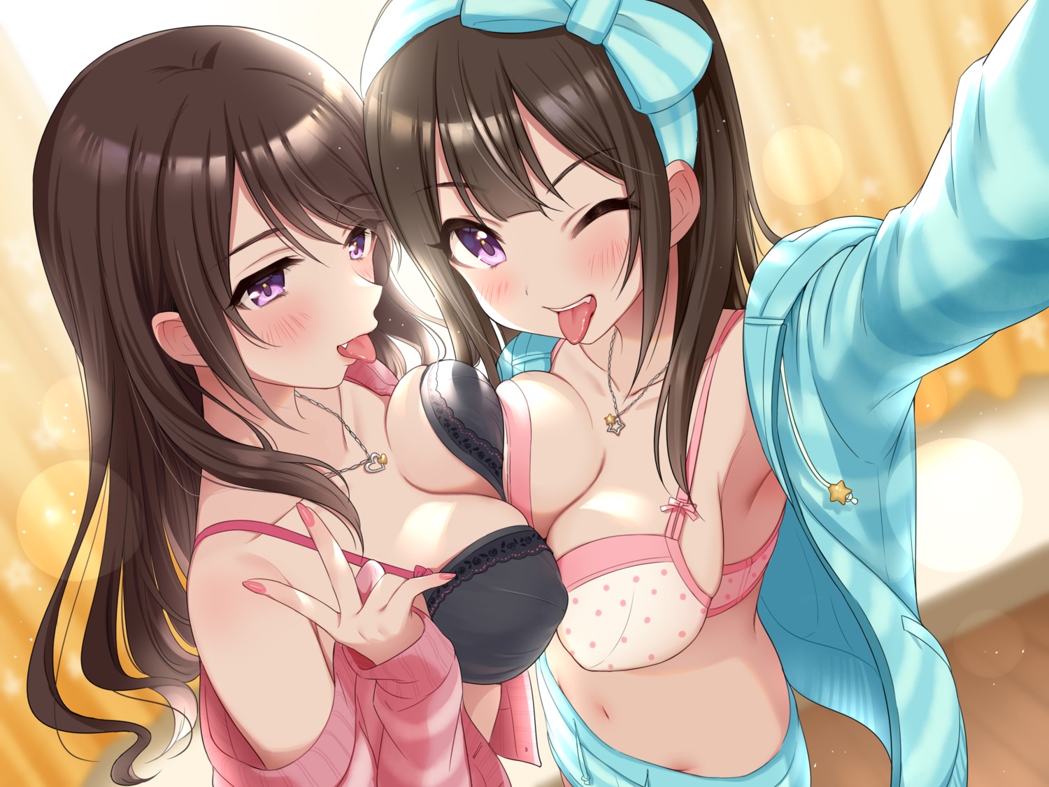 bra cleavage erect_nipples open_shirt sweater symmetrical_docking tsukana_(saba_mizore)