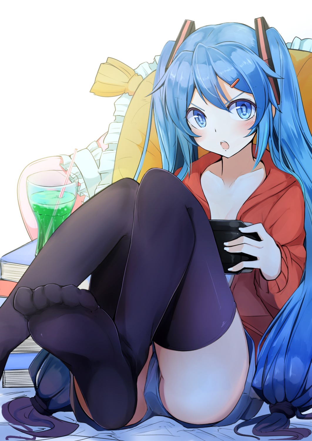 cleavage feet hatsune_miku kazenoko no_bra open_shirt thighhighs vocaloid