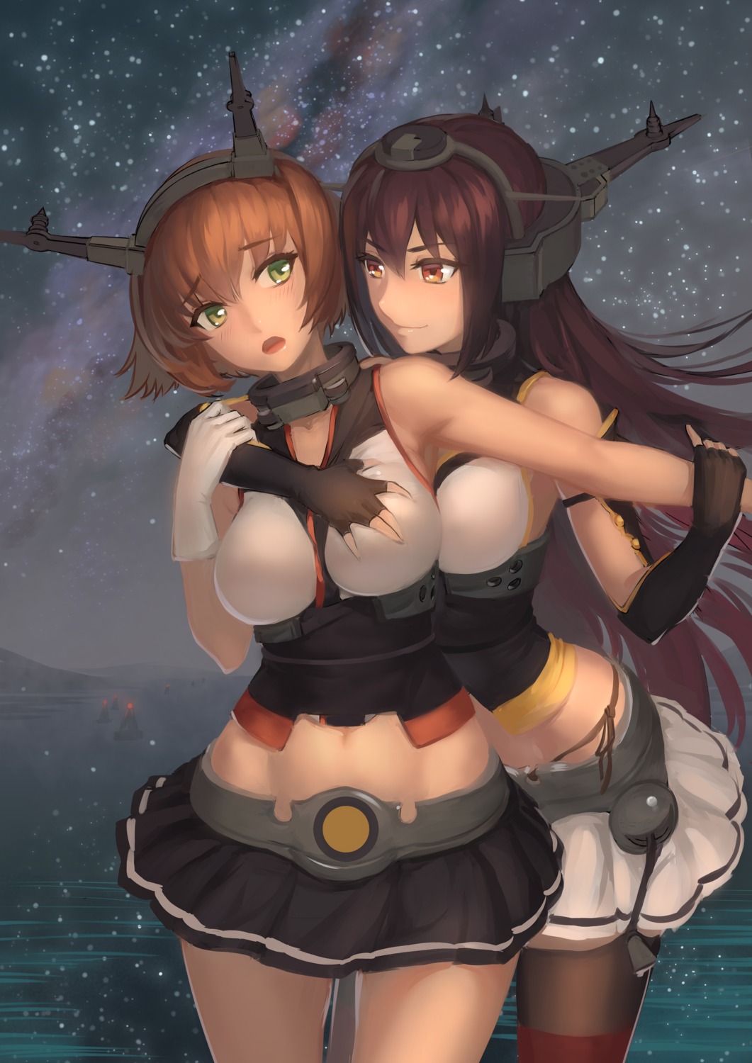 breast_grab kantai_collection mutsu_(kancolle) nagato_(kancolle) nuwangyang stockings thighhighs yuri