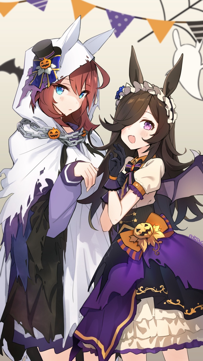 animal_ears dress fpanda halloween mihono_bourbon_(umamusume) rice_shower_(umamusume) torn_clothes uma_musume_pretty_derby wings