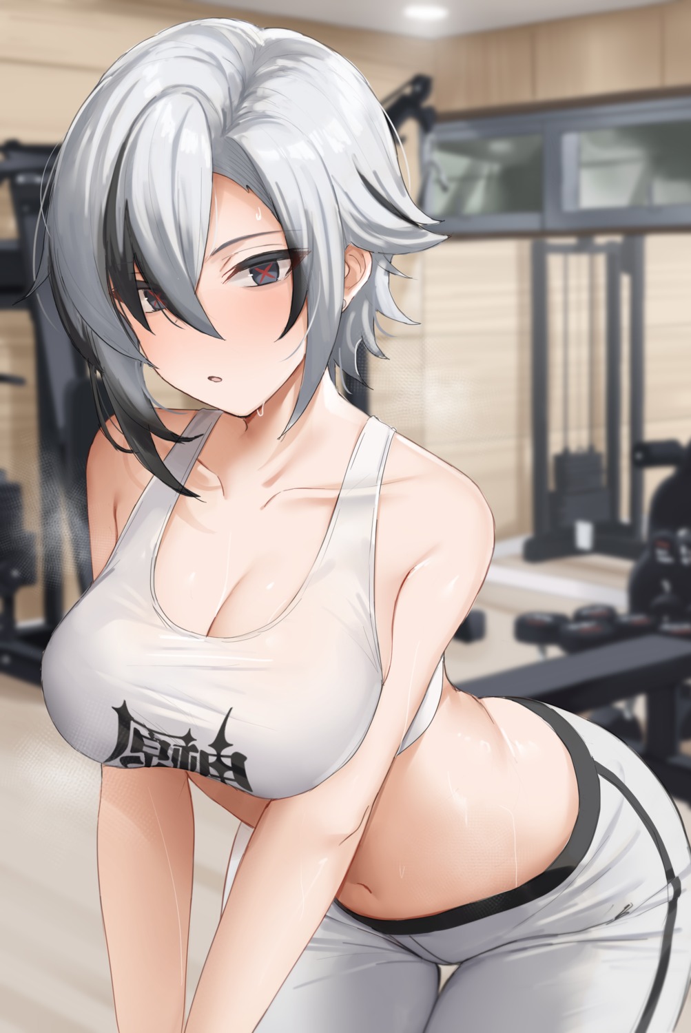 arlecchino bra cleavage genshin_impact gym_uniform see_through shengtian wet wet_clothes