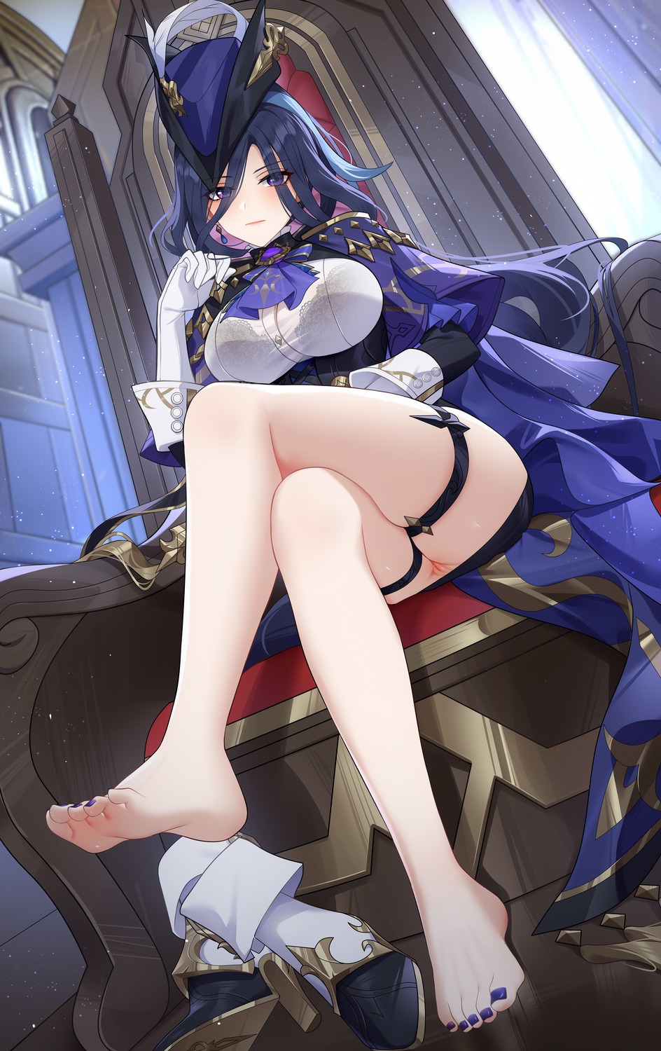 bra clorinde feet garter genshin_impact heels nopan pussy see_through skirt_lift uncensored wu_ganlan_cai