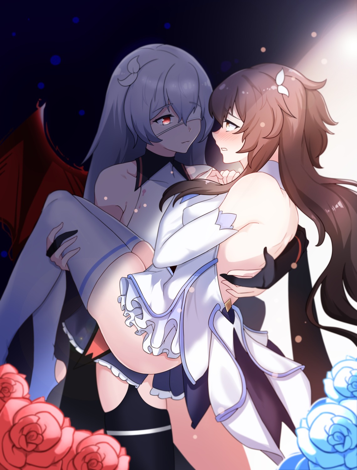 ddddecade erect_nipples eyepatch no_bra skirt_lift stockings thighhighs wings yuri