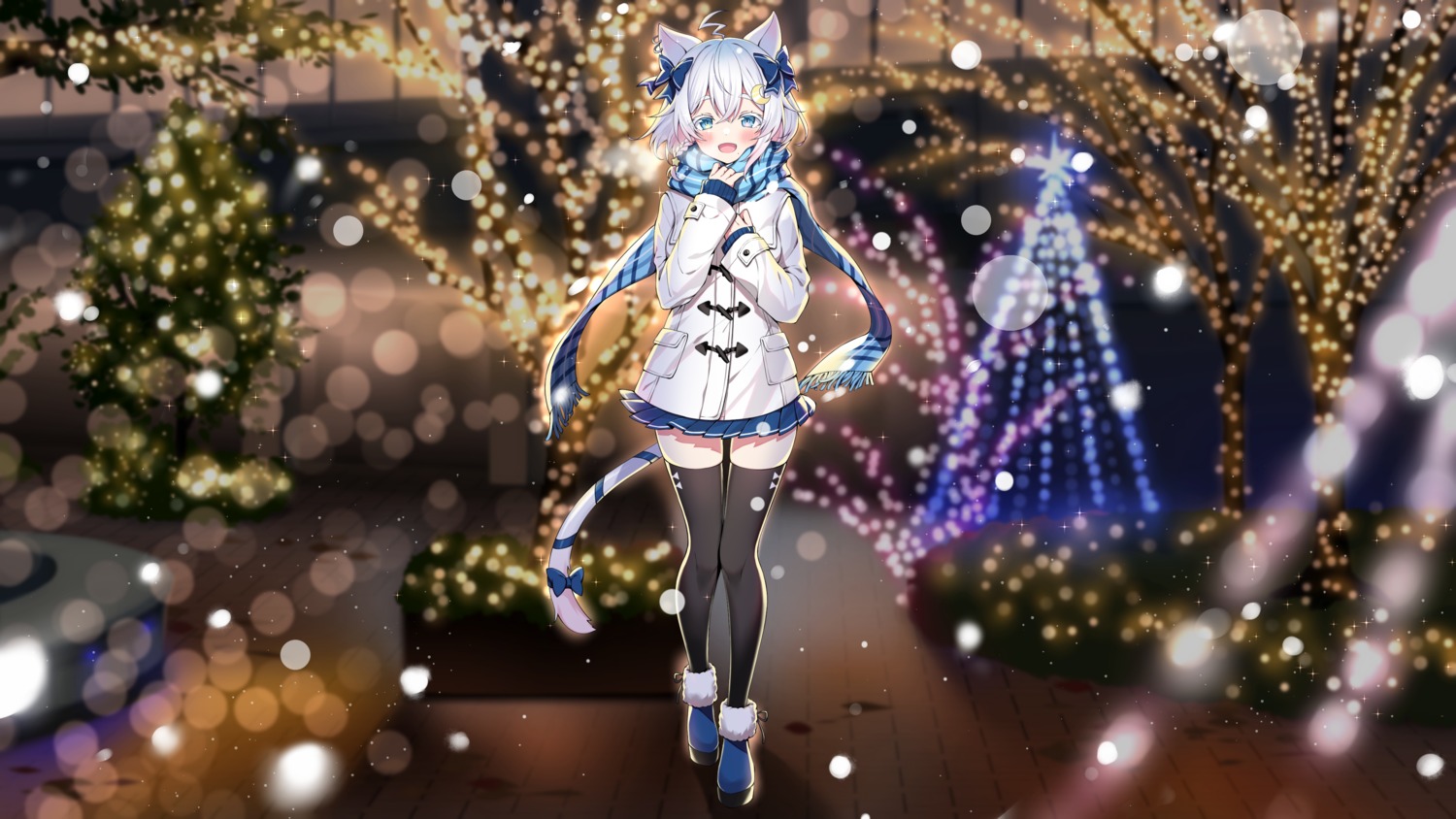 animal_ears christmas nekomimi seifuku skirt_lift tail tatejima_uri thighhighs wallpaper