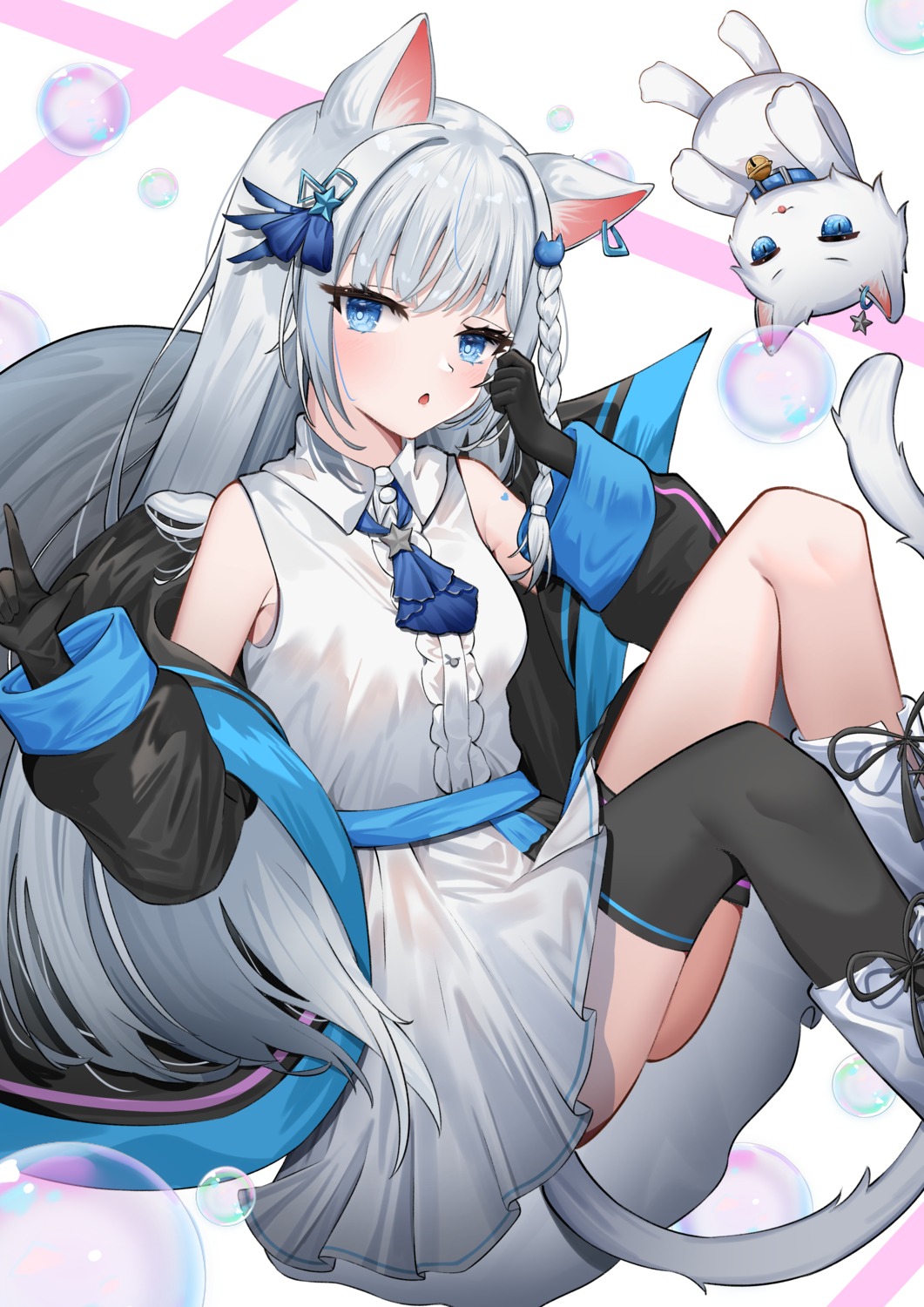 animal_ears dress garter indie_virtual_youtuber miku_rasha neko nekomimi no_bra see_through skirt_lift tail thighhighs