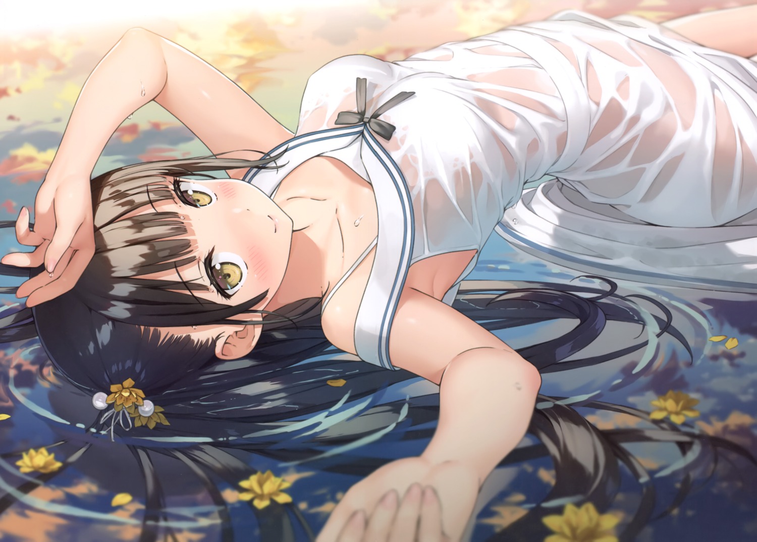 bra cleavage dress kantoku nagisa_(kantoku) pantsu see_through skirt_lift summer_dress wet wet_clothes